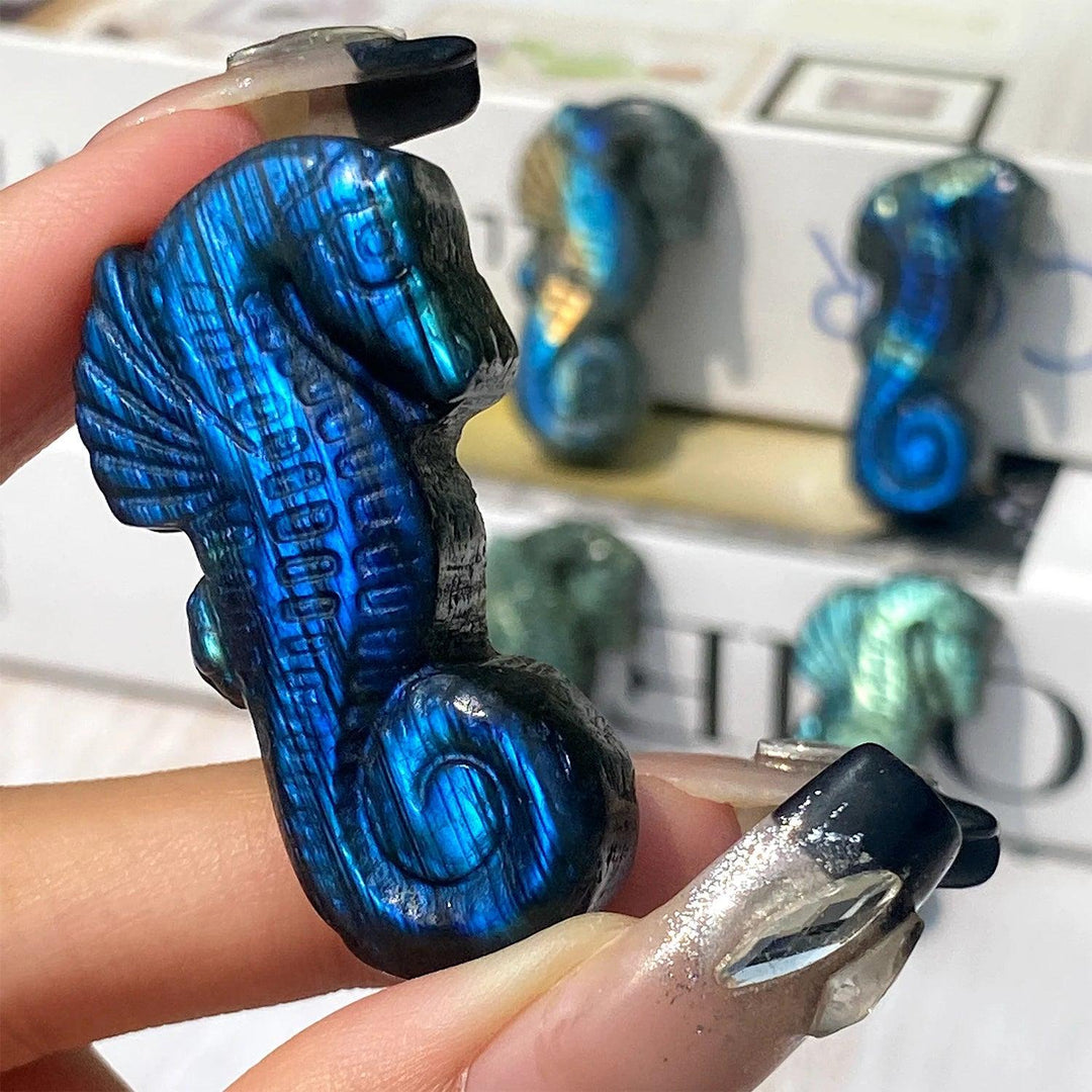 Handcrafted Labradorite seahorse crystal carving with vibrant blue flash, perfect for mystical home decor and energy healing.