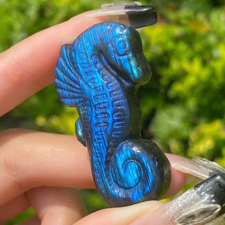 Handcrafted Labradorite seahorse crystal carving featuring vibrant blue flash and mystical energy for home decor.