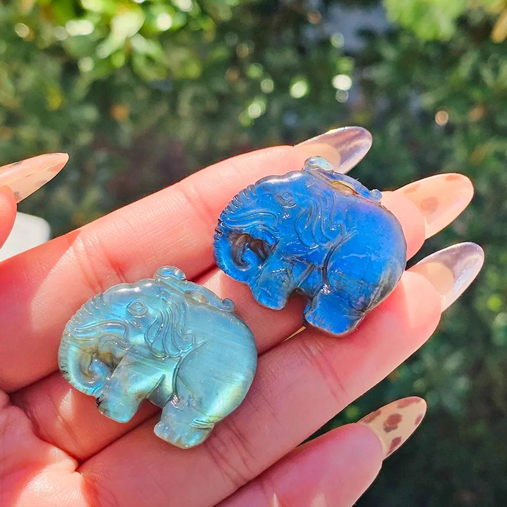 Handmade Labradorite elephant carving with vibrant blue and golden flash, perfect for spiritual healing and home decor.