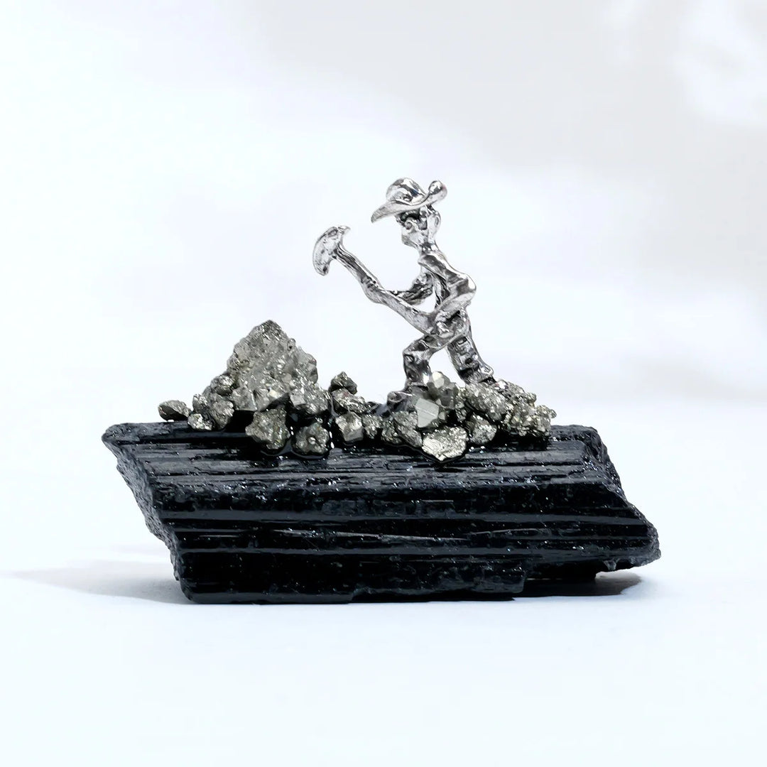 Black Tourmaline Raw Crystal With A Metal Miner Specimen