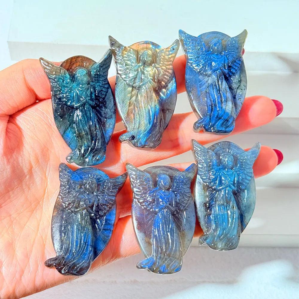 Hand-carved Labradorite angel figurines with iridescent blue flash, perfect for healing home decor and spiritual energy.