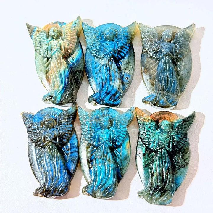 Hand-carved Labradorite angel figurines with iridescent blue flashes, perfect for healing home decor and spiritual energy.