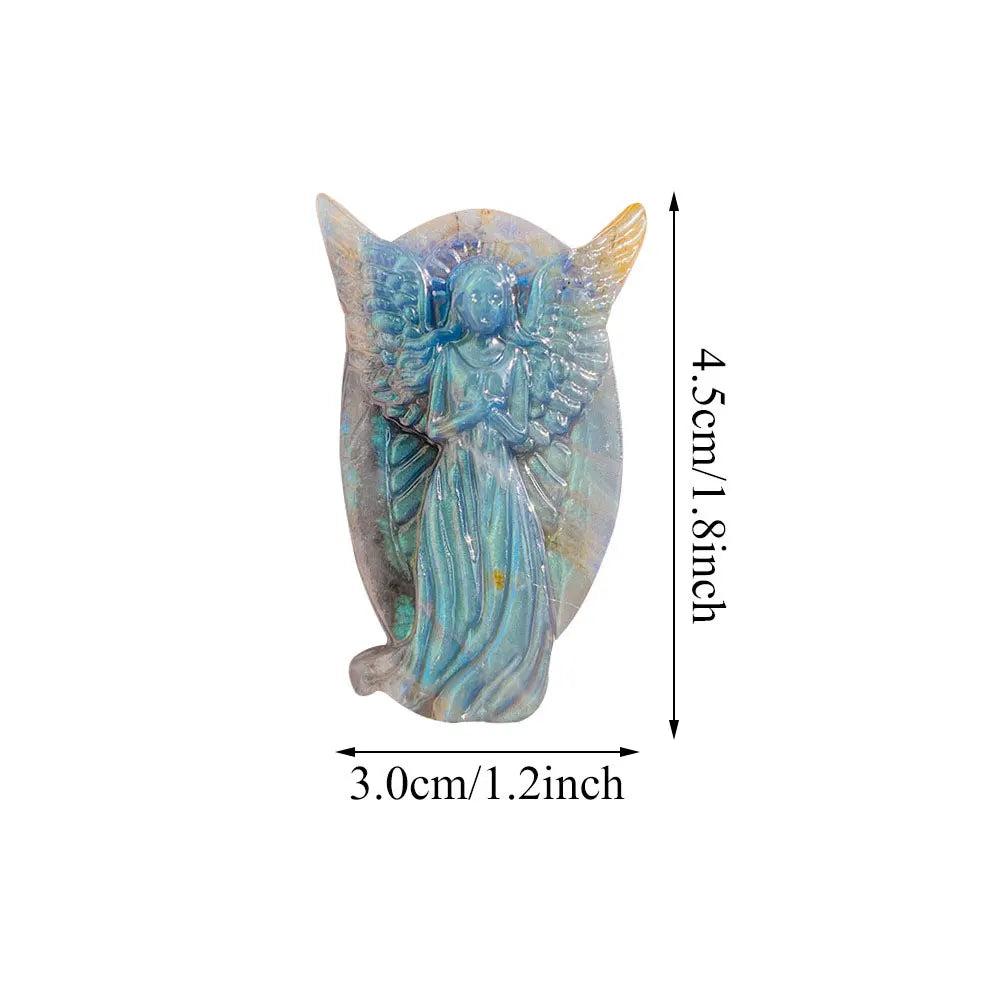 Hand-carved 1.8-inch Labradorite angel figurine with iridescent blue flashes, perfect for healing decor and jewelry making.