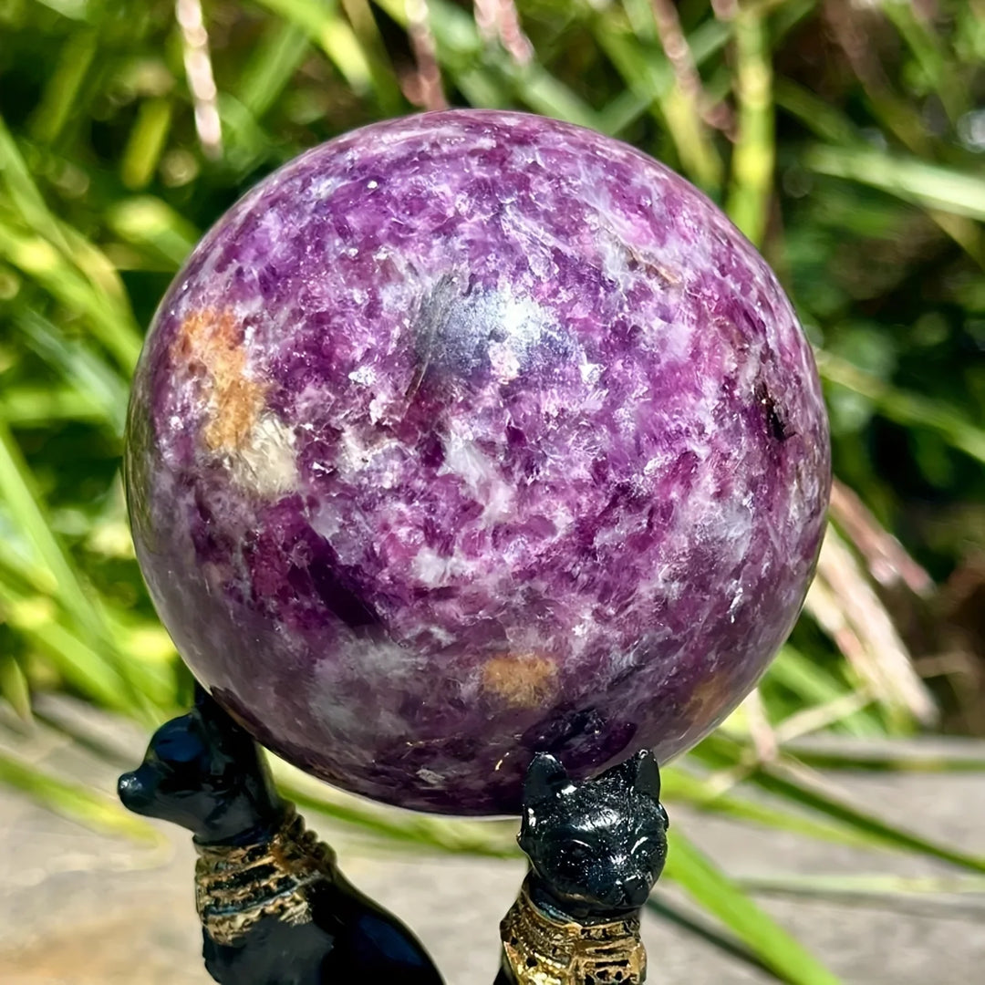Polished natural Lepidolite sphere with deep purple mica, perfect as elegant boho home decor for calming energy.