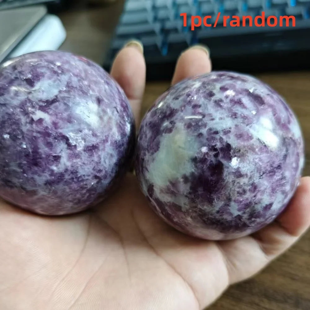 Polished natural Lepidolite crystal sphere with purple mica, perfect for boho home decor and calming energy healing.