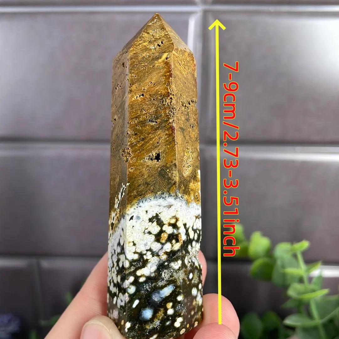 7-9cm Natural Ocean Jasper Pillar with earthy brown, white, and green orbicular patterns for healing decor.