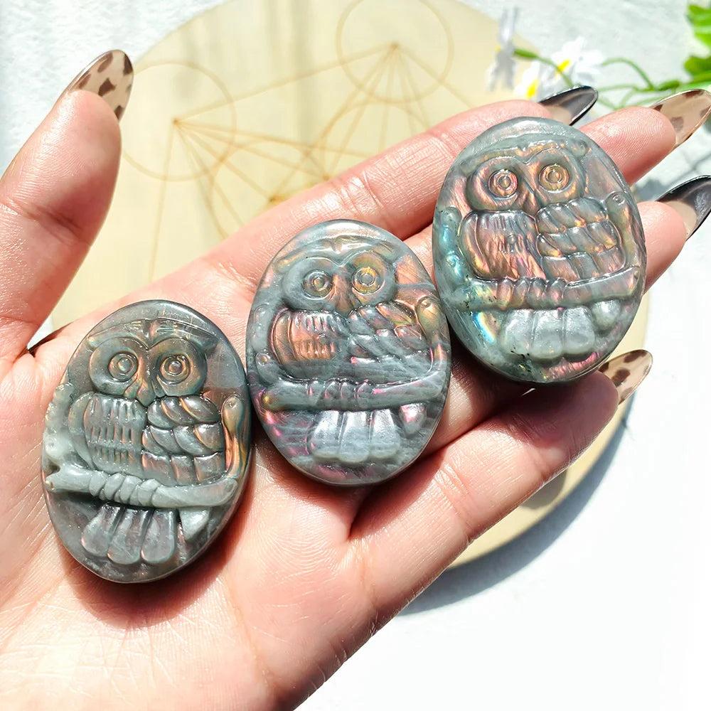 Handcrafted natural Labradorite owl carving with vibrant purple flash and unique bohemian crystal energy.