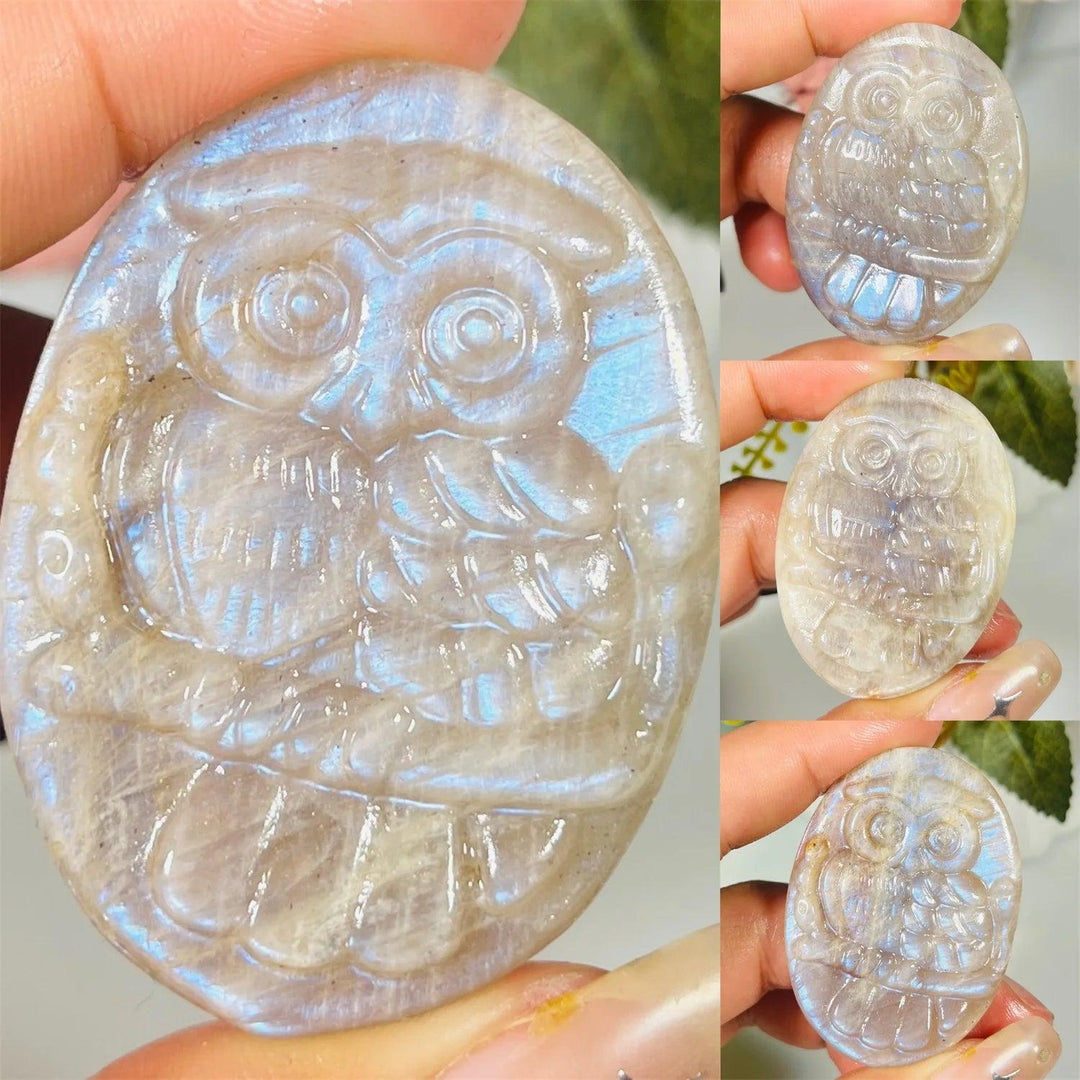 Handcrafted natural Labradorite owl carving with strong purple flash, perfect for bohemian decor and healing energy.