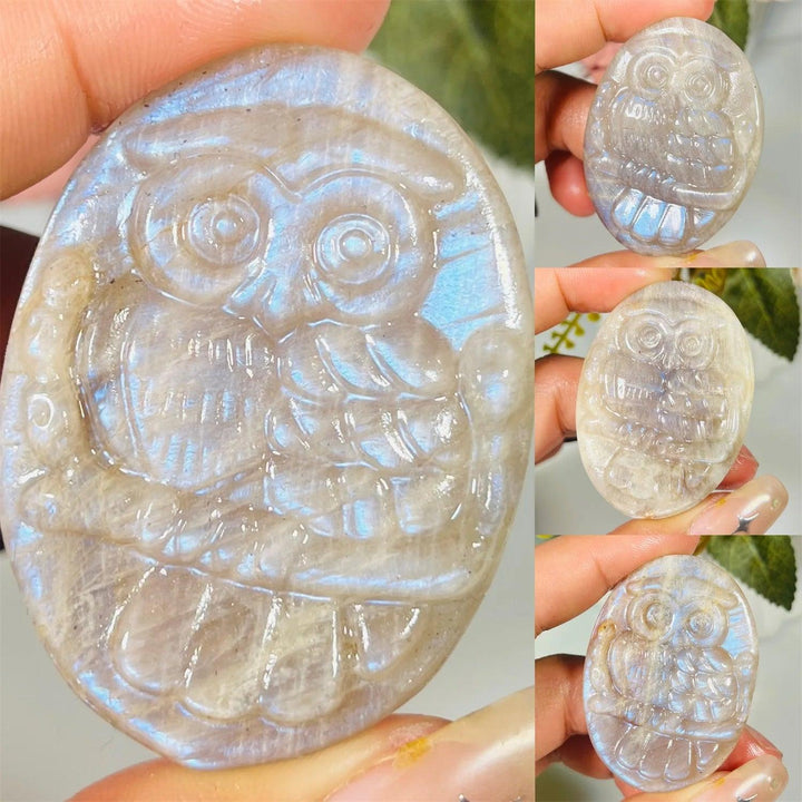 Handcrafted natural Labradorite owl carving with strong purple flash, perfect for bohemian decor and healing energy.