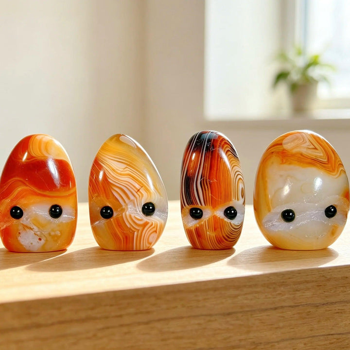Hand-polished natural Sardonyx hedgehog crystal pocket stones with unique banded patterns for healing energy and home decor.