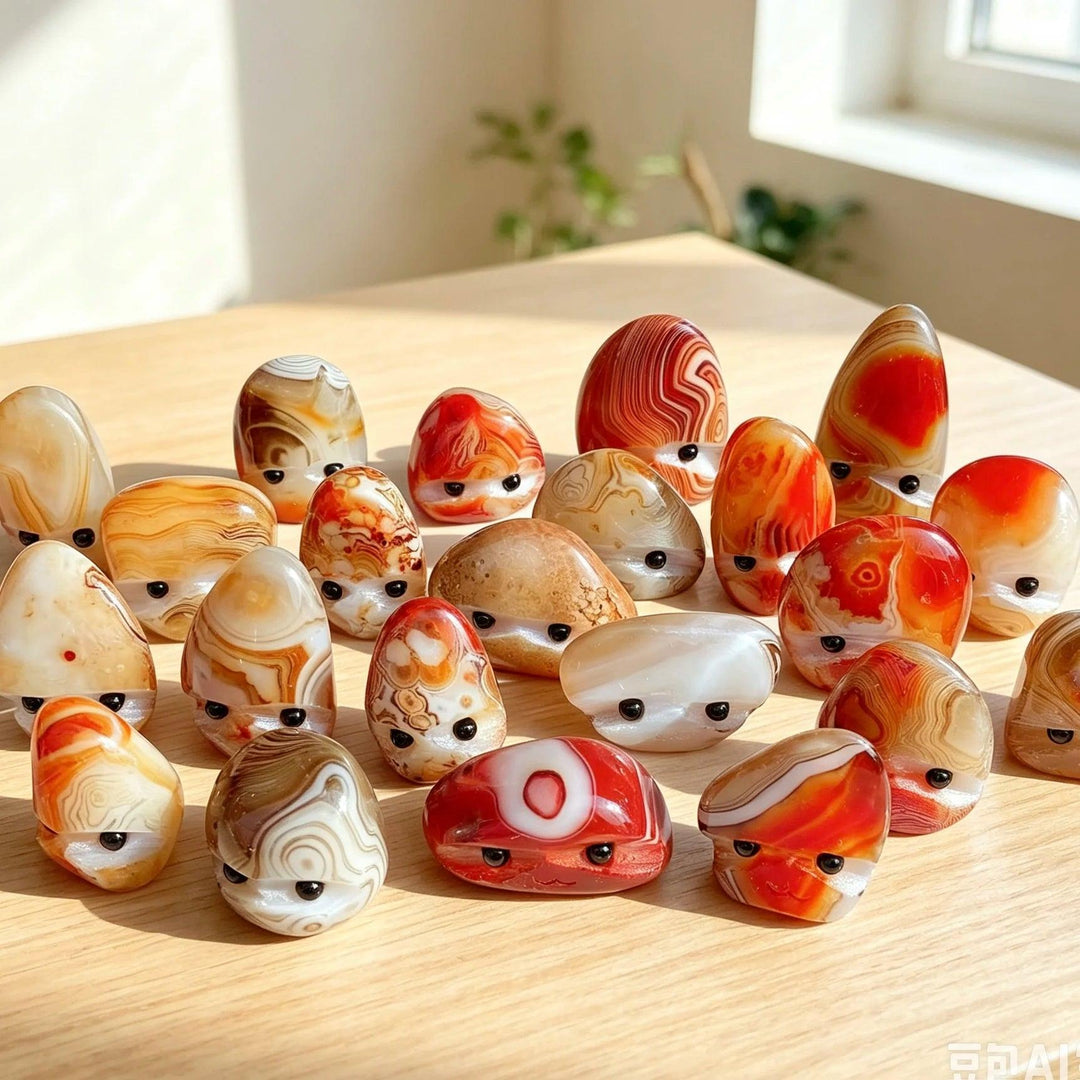 Hand-polished natural sardonyx hedgehog crystals with banded patterns, perfect as healing pocket stones or cute desk decor.