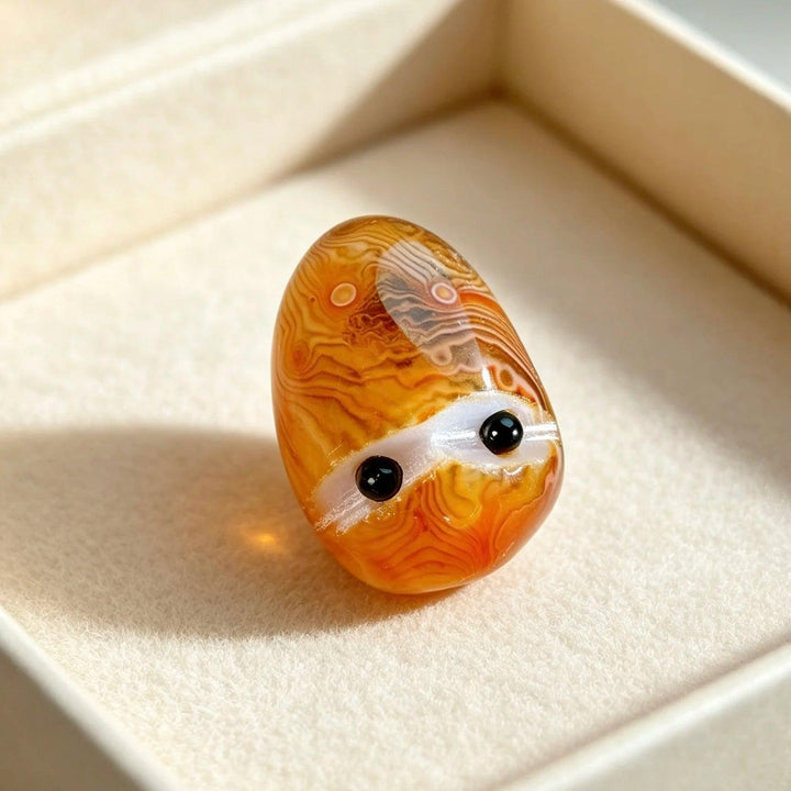 Hand-polished natural sardonyx hedgehog crystal with orange banded patterns and black eyes, a perfect healing pocket stone.