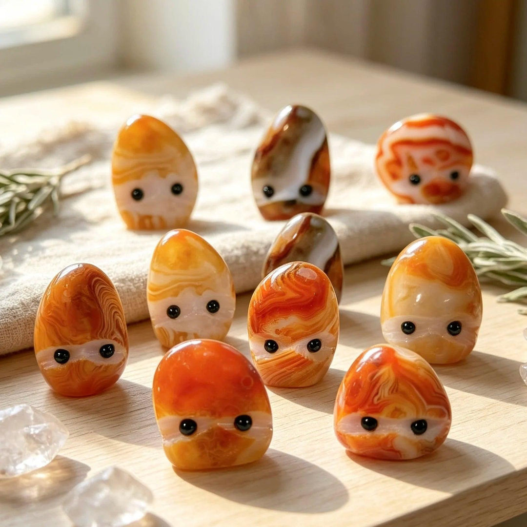 Hand-polished natural Sardonyx hedgehog crystal pocket stones with swirling orange patterns for healing and home decor.