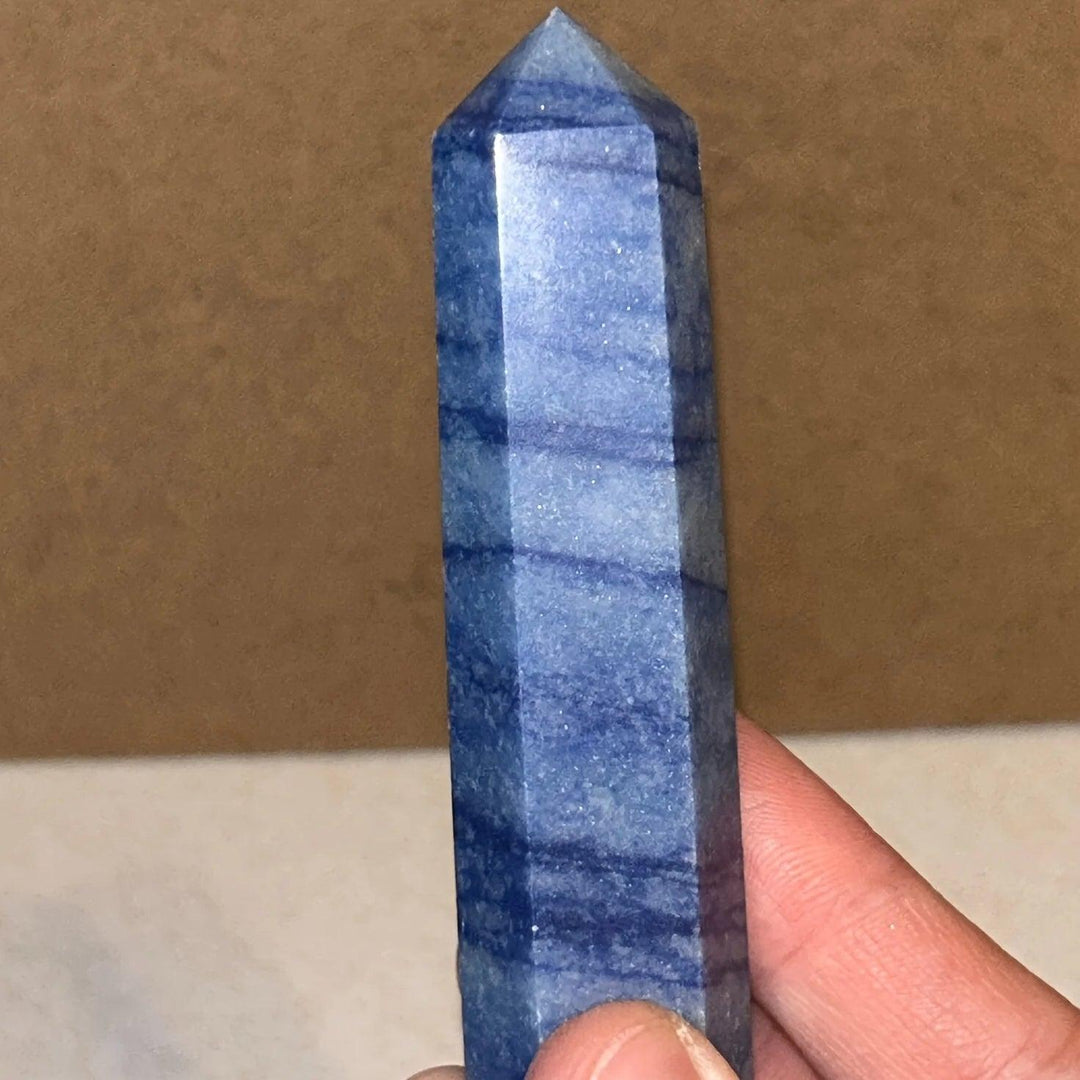 Polished Blue Aventurine Obelisk Tower crystal with natural banding for healing and desk decor.
