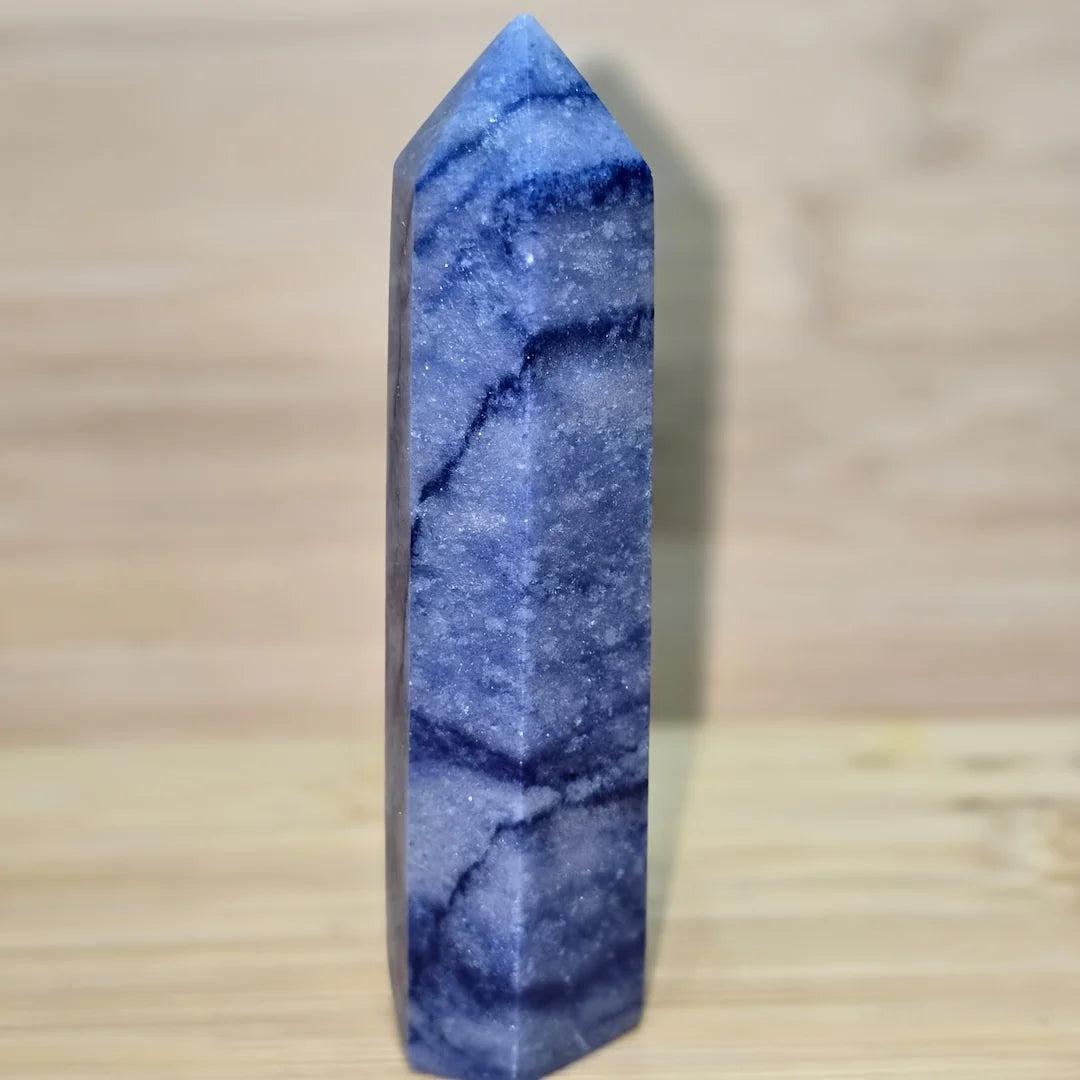 Blue Aventurine Obelisk Tower crystal with calming blue bands for healing energy and desk decor.