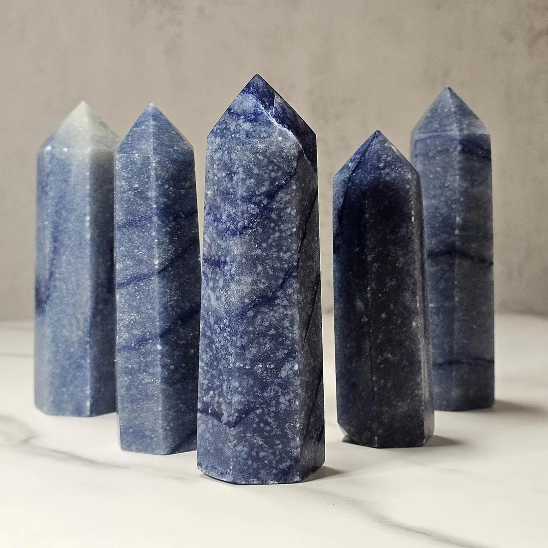 Polished Blue Aventurine obelisk towers for calming energy and desk decoration.