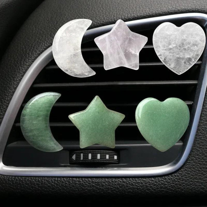 Crystal Moon Star Love Car Air Outlet Decoration Clips in clear quartz, rose quartz, and green aventurine.