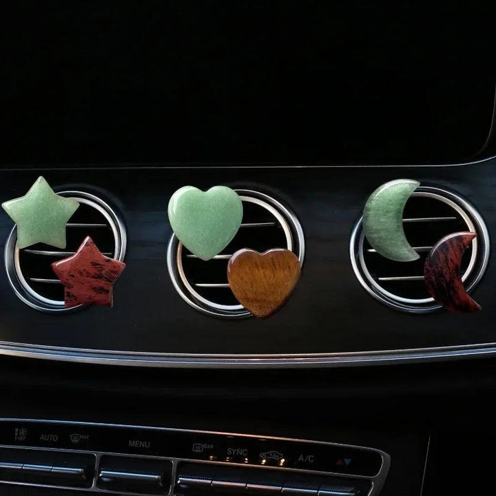 3Pcs/Set Crystal Moon Star Love Car Air Outlet Decor Clips featuring green aventurine and red jasper shapes.