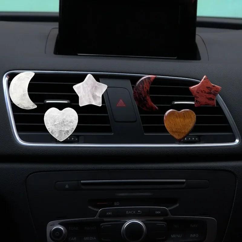 3Pcs/Set Crystal Moon Star Love Car Air Outlet Decoration Clips in clear quartz and red jasper, enhancing car interiors.
