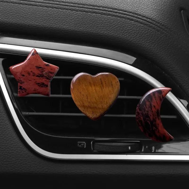 3Pcs/Set Crystal Moon Star Love Car Air Outlet Decoration Clips. Red wood-grain style star, heart, and moon shapes.