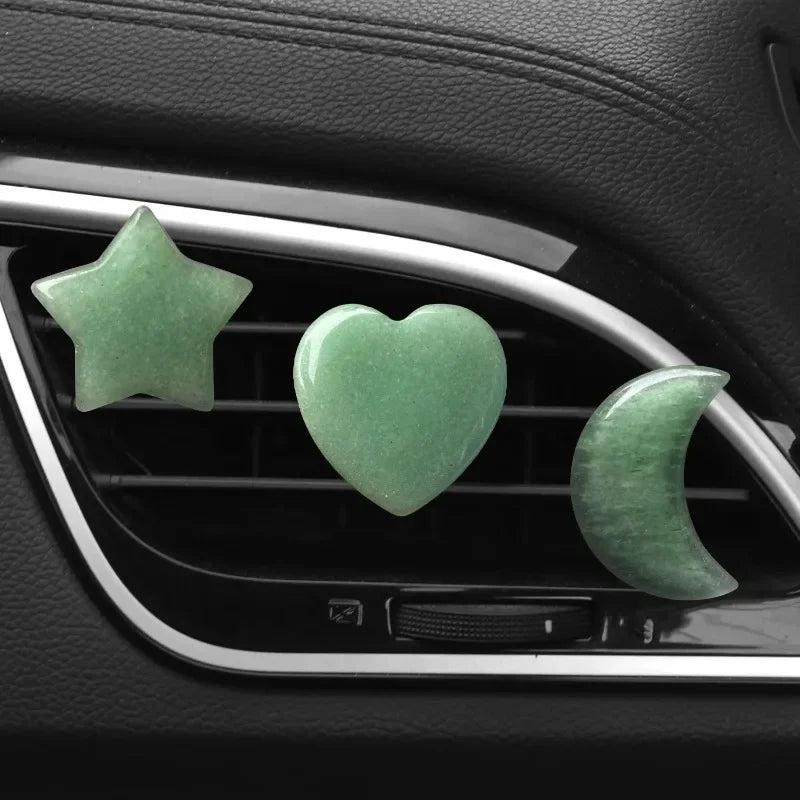 3Pcs/Set Crystal Moon Star Love Car Air Outlet Decoration Clips: Green aventurine star, heart, and moon shapes.