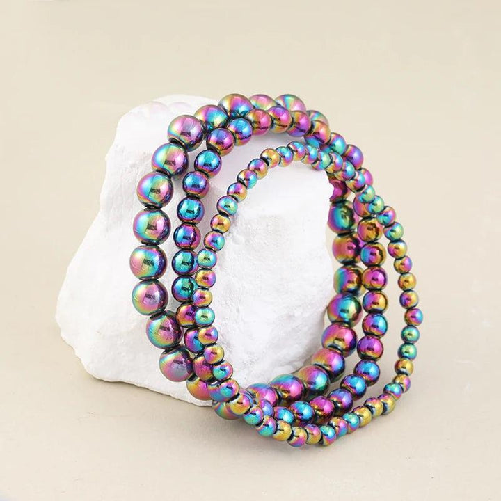 Iridescent plated hematite stretch bracelets, 4 6 8 mm beads, perfect friendship gift.