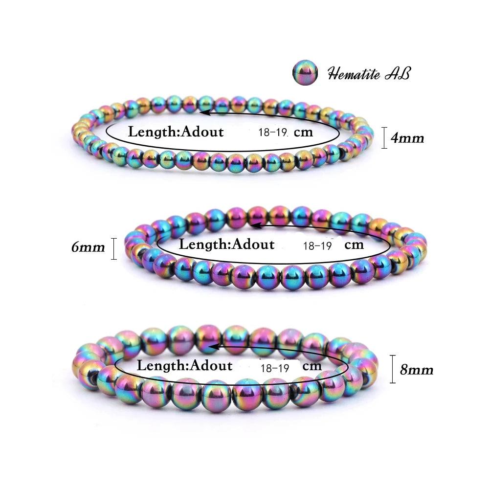 Iridescent plated hematite stretch bracelets in 4mm, 6mm, and 8mm bead sizes, perfect friendship gifts.