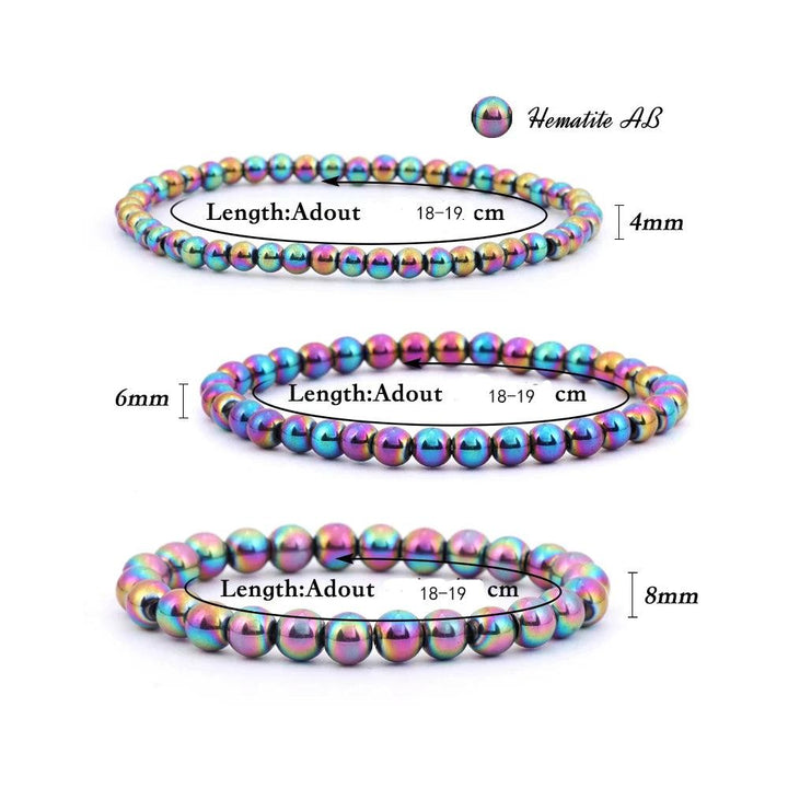 Iridescent plated hematite stretch bracelets in 4mm, 6mm, and 8mm bead sizes, perfect friendship gifts.