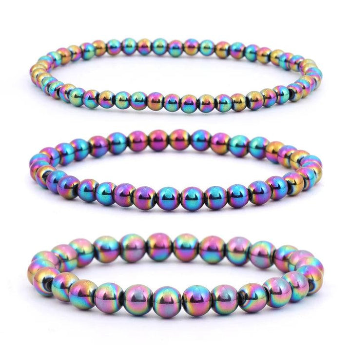 Vibrant 4 6 8 mm plated hematite stretch bracelets, perfect friendship gifts.