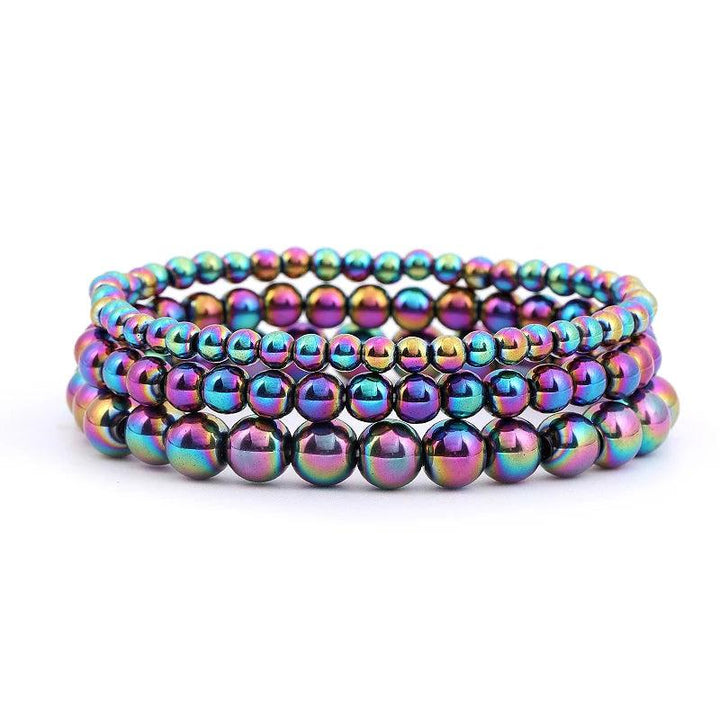 Vibrant 4 6 8 mm plated hematite stretch bracelets, iridescent rainbow colors, perfect friendship gift.