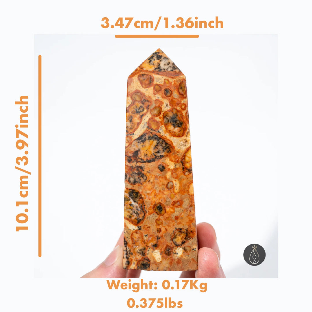 Hand-carved natural Dragon Palace Relic Tower crystal, 10.1cm, with unique brown and black leopard-spot patterns.