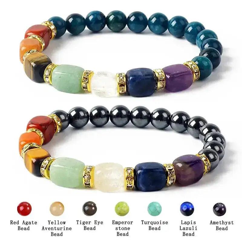Two Crystal Destiny 7 Chakra beaded bracelets with natural gemstones, one with blue apatite and one with hematite.