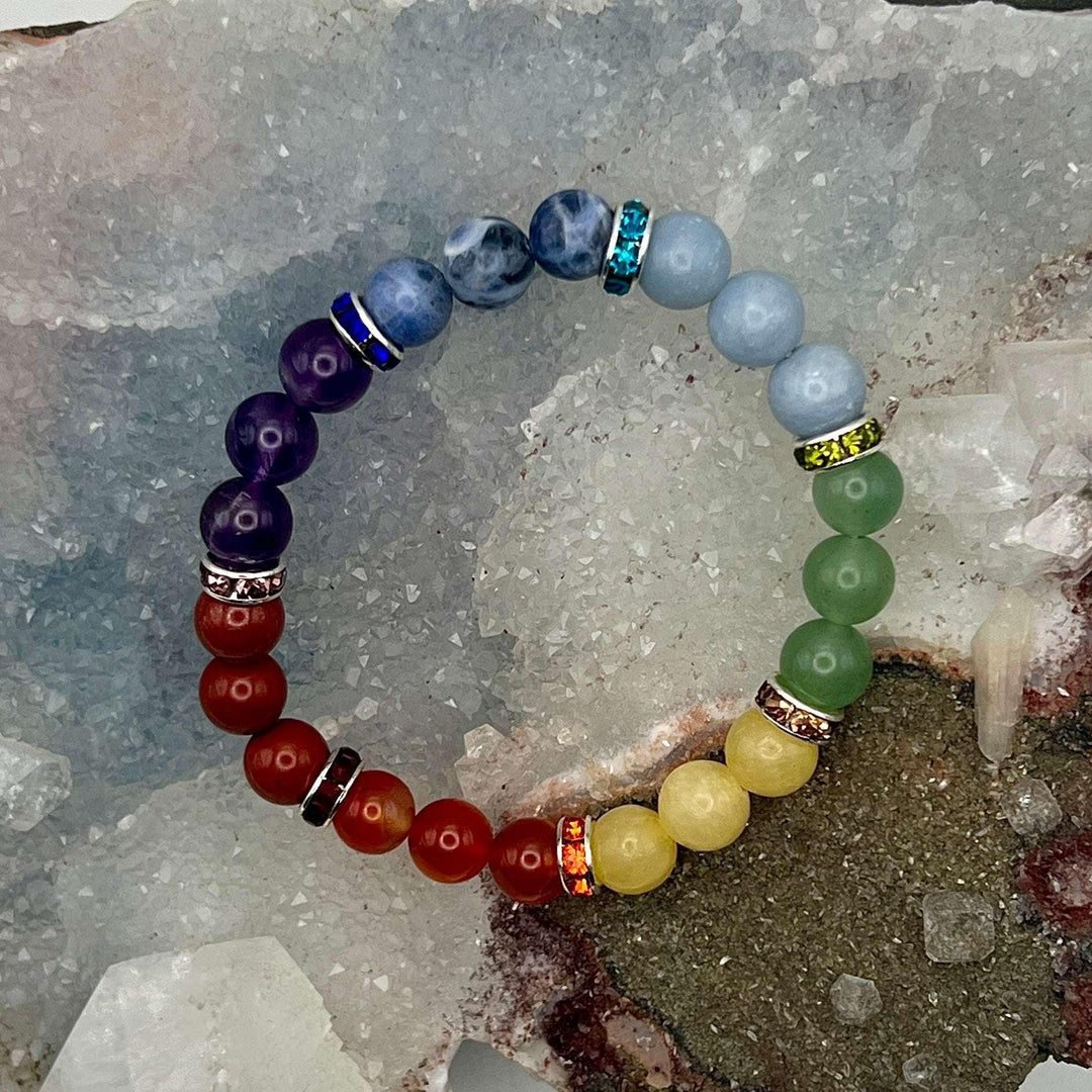 Vibrant 7 Chakras Beaded Bracelet with Amethyst, Sodalite, Angelite, Chalcedony, Aventurine, Carnelian Agate, Red Jasper.