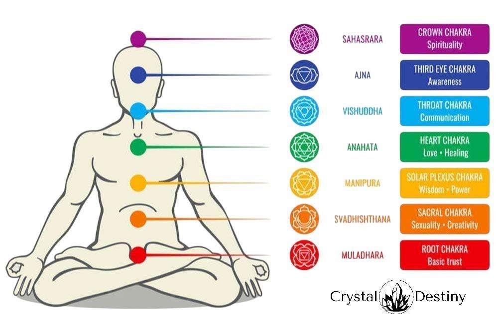 A diagram showing the seven chakras on a meditating figure, with corresponding colors, names, and spiritual meanings.