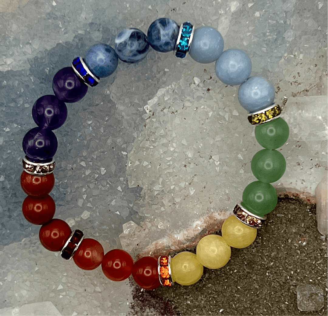 7 Chakras Beaded Bracelet with vibrant Amethyst, Sodalite, Angelite, Chalcedony, Aventurine, Carnelian Agate, and Red Jasper stones.