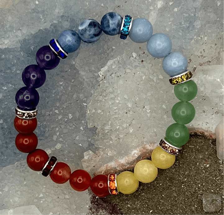 7 Chakras Beaded Bracelet with vibrant Amethyst, Sodalite, Angelite, Chalcedony, Aventurine, Carnelian Agate, and Red Jasper stones.