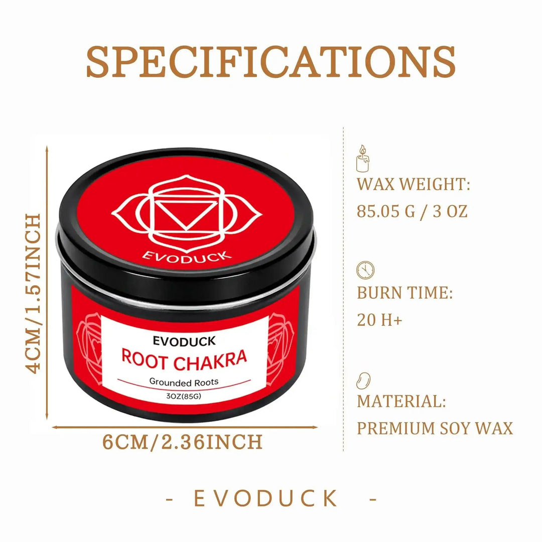 Red Root Chakra soy candle in a 60mm tin with grounding symbol lid and 85g premium wax for intention practice.