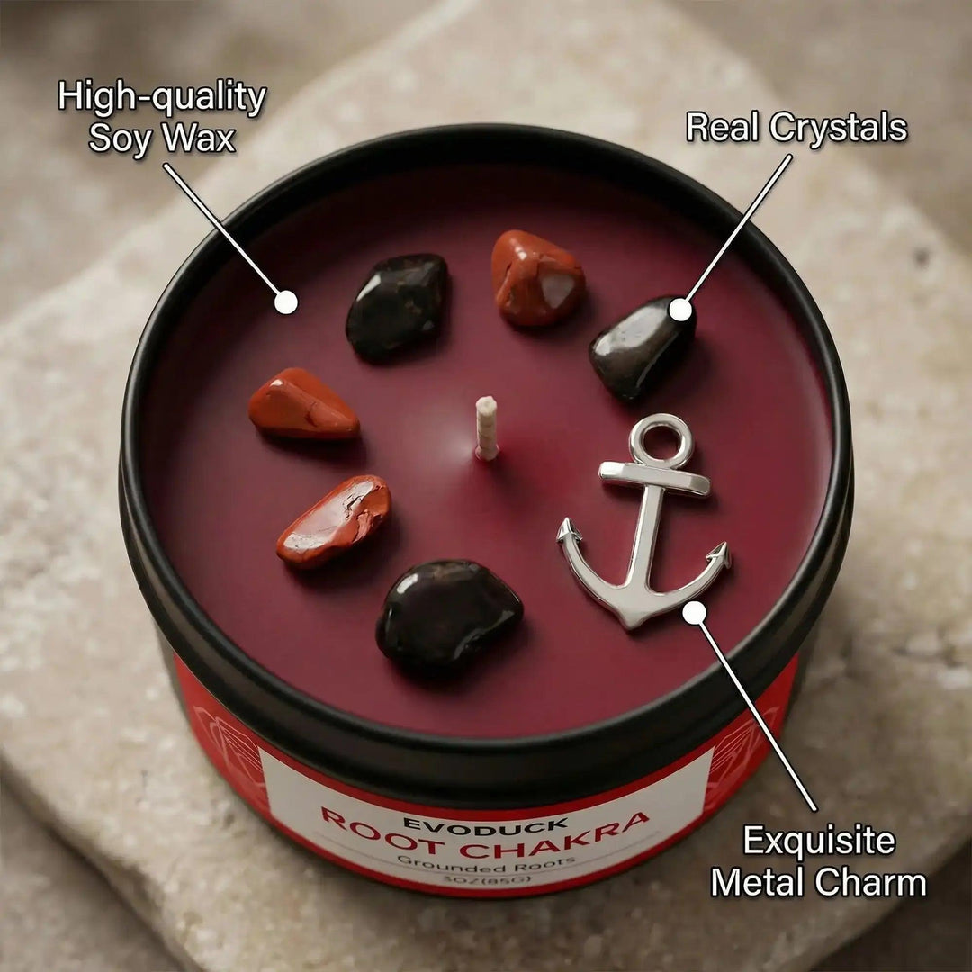 Root Chakra soy candle in a red tin with grounding crystals, an anchor charm, and high-quality scented wax for healing.