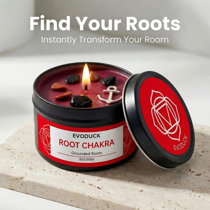 Red Root Chakra soy candle in a tin with grounding crystals, anchor charm, and matching symbol lid for intention.