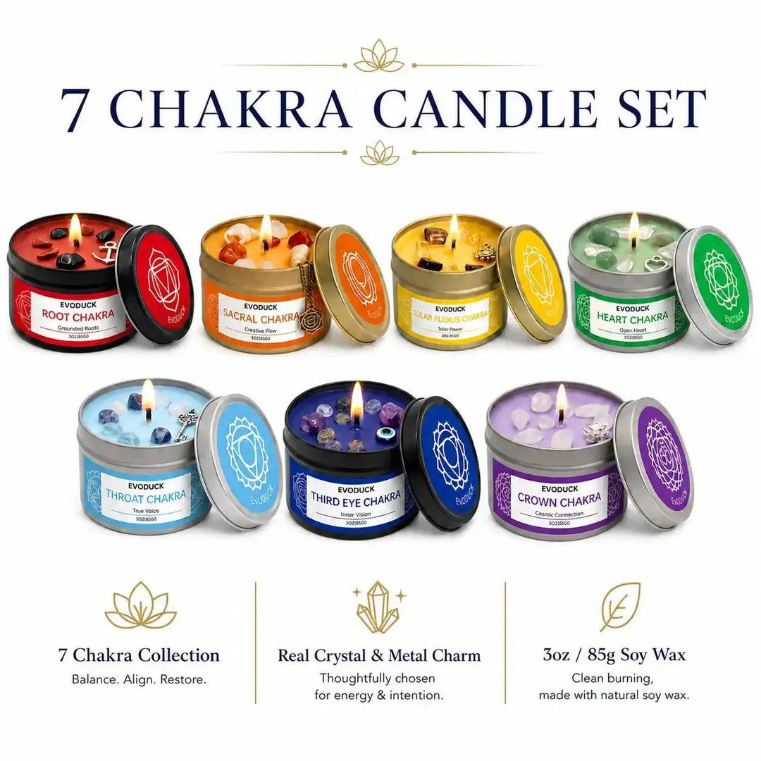 7 Chakra Crystal Soy Candle set in colorful 3oz tins with healing stones, metal charms, and symbolic chakra-themed lids.