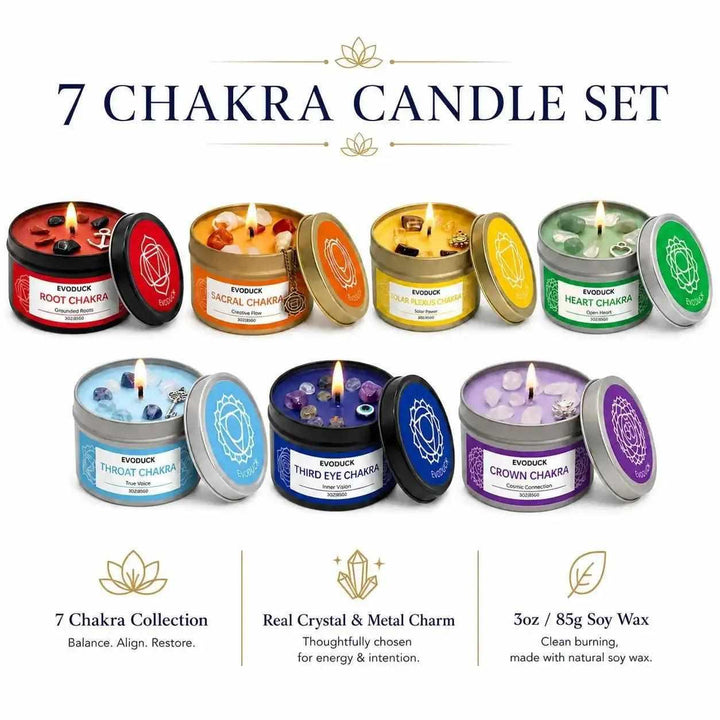 7 Chakra Crystal Soy Candle set in colorful 3oz tins with healing stones, metal charms, and symbolic chakra-themed lids.