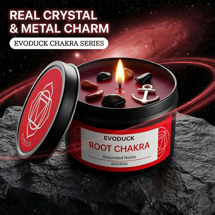 Root Chakra soy candle with red wax, grounding crystals, and anchor charm in a 3oz lidded tin for intention practice.