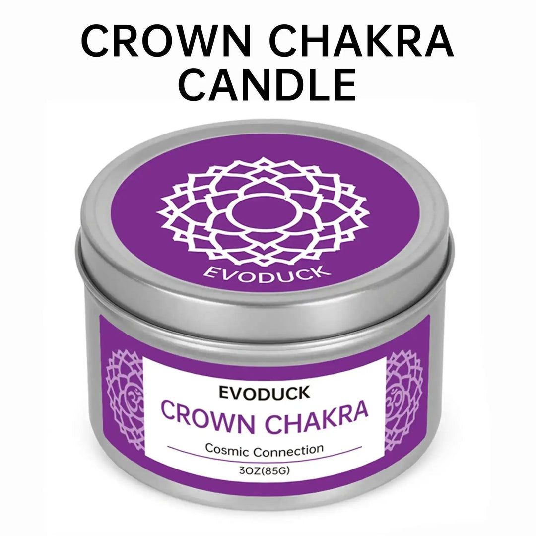 Purple Crown Chakra soy candle in a 85g metal tin with a spiritual symbol lid for meditation and energy healing.