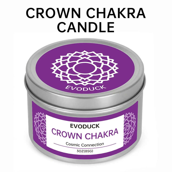 Purple Crown Chakra soy candle in a 85g metal tin with a spiritual symbol lid for meditation and energy healing.
