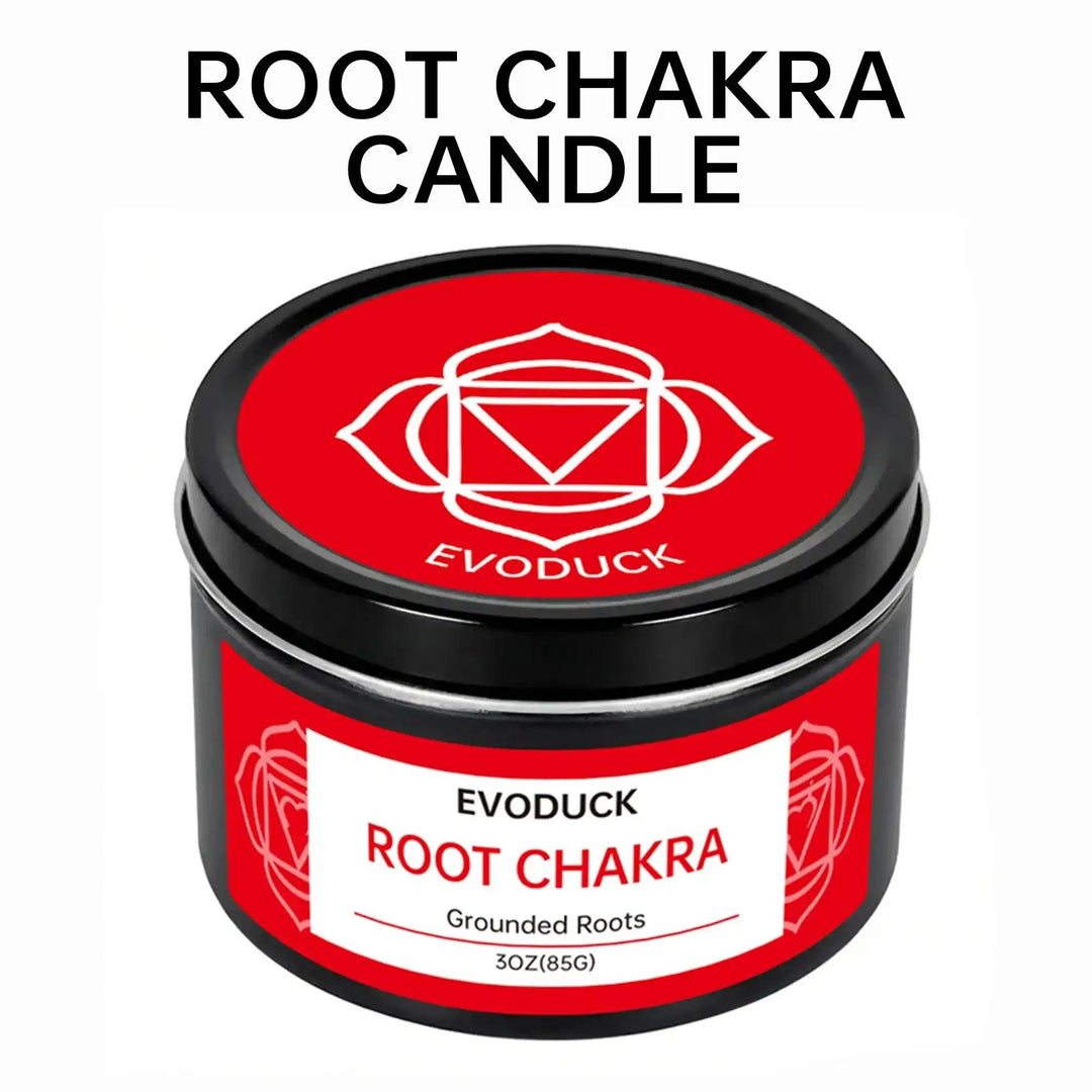 Red Root Chakra soy candle in a 3oz tin with grounding symbol lid for intention practice and spiritual healing.
