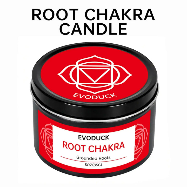 Red Root Chakra soy candle in a 3oz tin with grounding symbol lid for intention practice and spiritual healing.