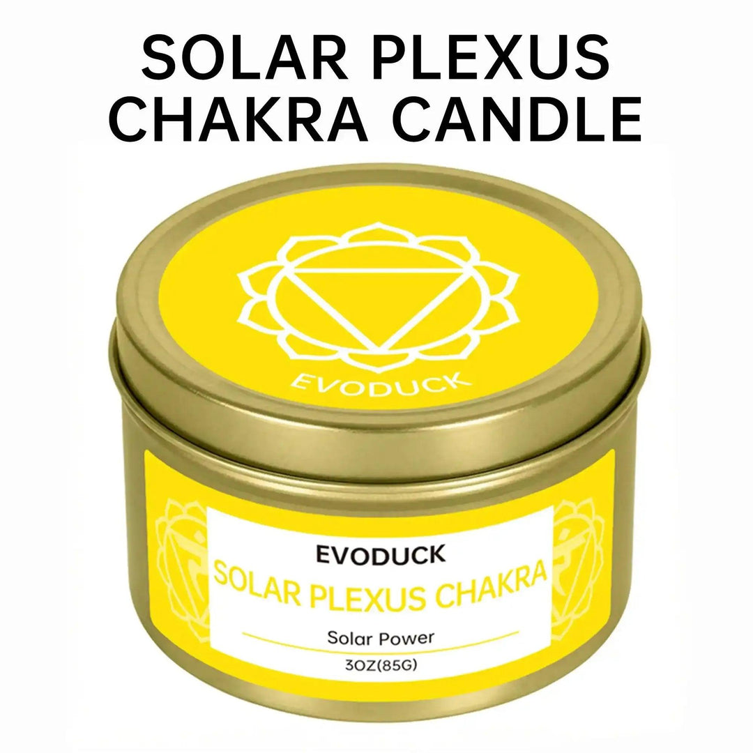 Yellow Solar Plexus Chakra soy candle in a 3oz tin with a matching symbol lid for intention and healing practice.