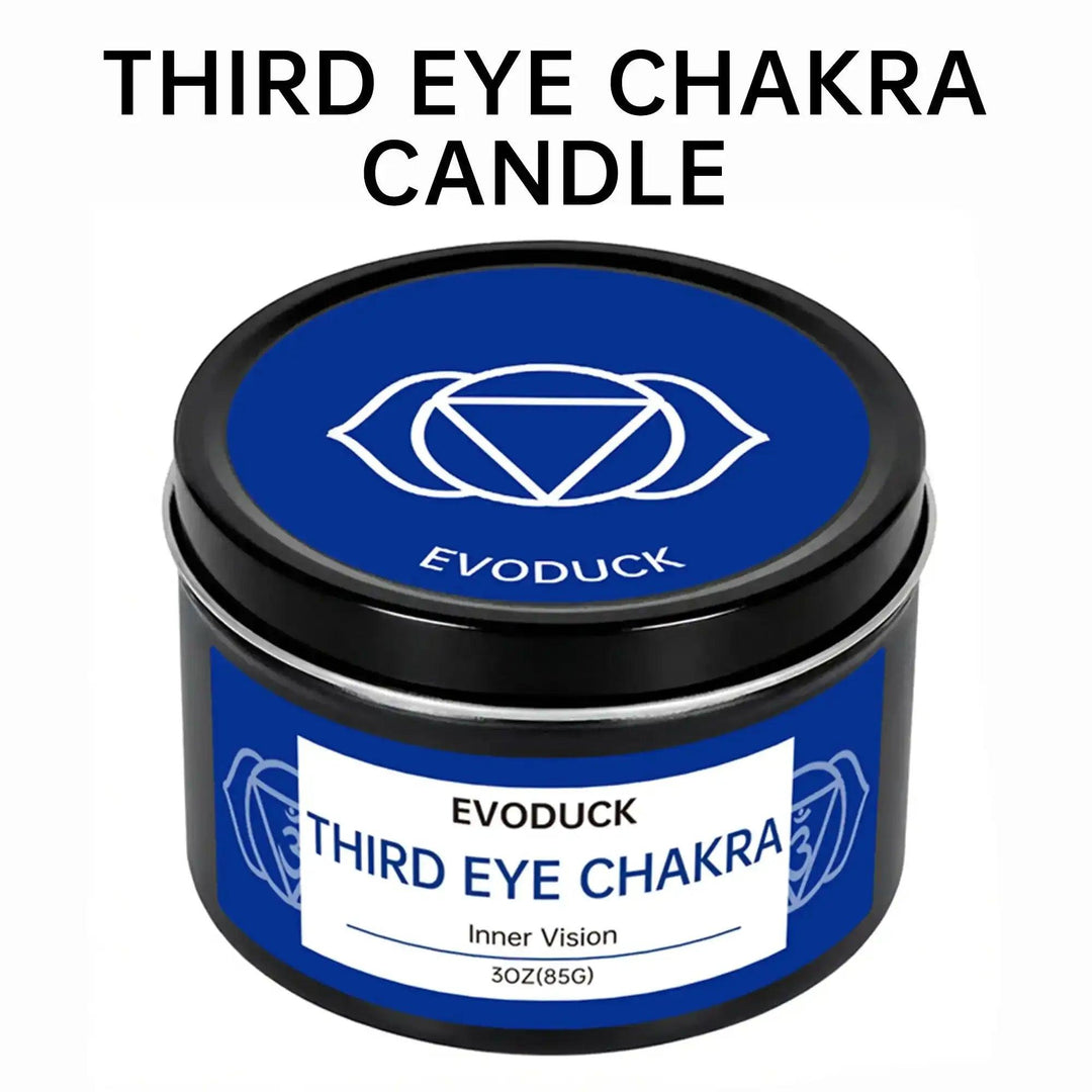 Blue Third Eye Chakra soy candle in a 85g tin with a matching symbol lid for intention and inner vision practice.