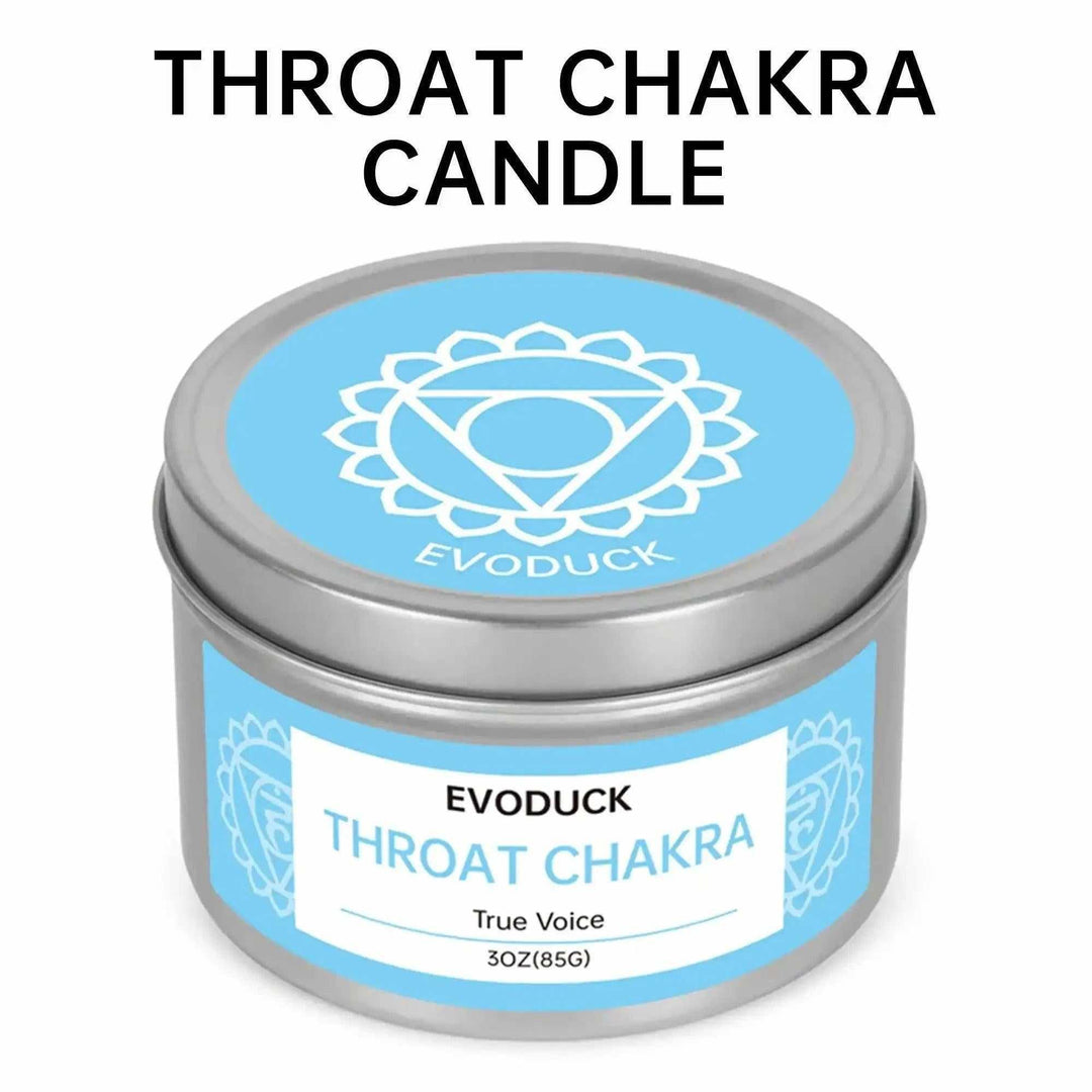 Blue Throat Chakra soy candle in a 85g metal tin with a symbol lid, designed for intention and healing practice.