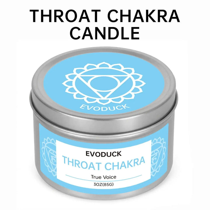 Blue Throat Chakra soy candle in a 85g metal tin with a symbol lid, designed for intention and healing practice.